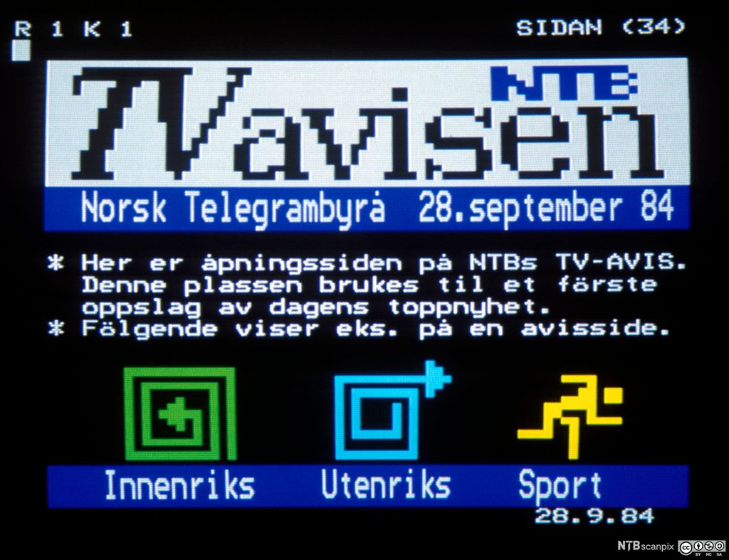 Bilde av en TV-skjerm som viser tekst-tv. Foto.
