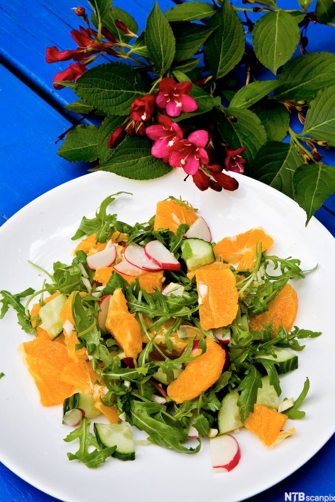 Tallerken med appelsinsalat. Foto.
