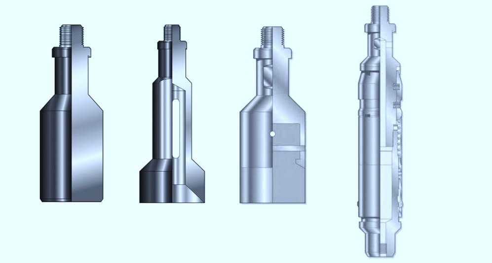 Fire ulike verktøy som brukes til kabeloperasjoner i brønnen. Alle har samme profil i toppen under festepunktet. Profilen kalles en fiskenakke. Profilen brukes til å hente ut verktøyet dersom noen mister det i brønnen. Illustrasjon.