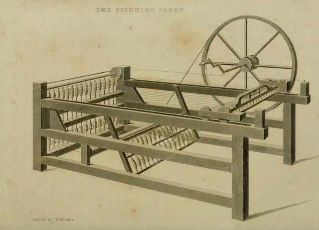 Spinnemaskinen Spinning Jenny. Et slags stativ med rader med spoler montert på den ene kortenden og på midten. Flere tråder er spent fra den ene kortenden til den andre. På den ene langsiden er det et stort hjul med sveiv. Illustrasjon.