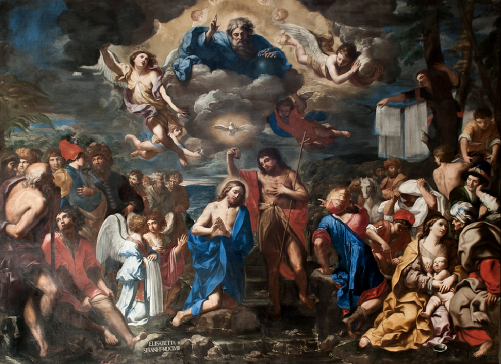 Måleri av Jesus som blir døypt av Johannes. Dei står midt i ei folkemengde. Ei due stig mot himmelen der Gud svever omgitt av englar. Foto.