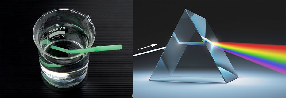 Et sugerør i vann ser ut som det er knekt. Hvitt lys brytes til alle regnbuens farger gjennom et glassprisme. Foto.