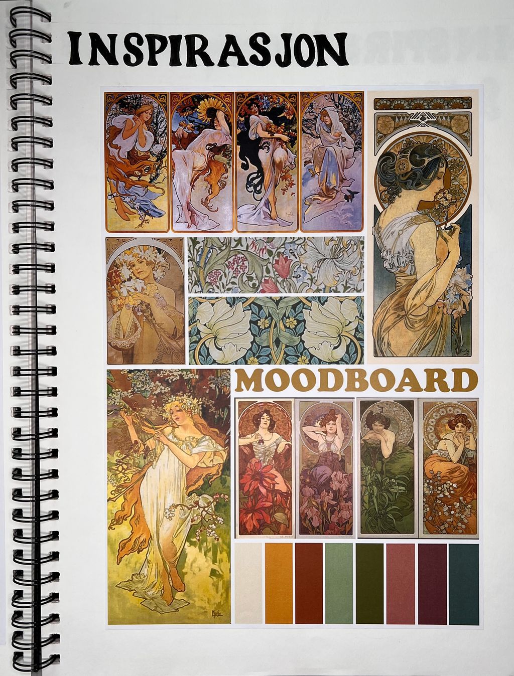 Et inspirasjonsark med flere kunstverk i art nouveau-stil. Fargene er hentet ut og satt sammen til en fargepalett. Foto.