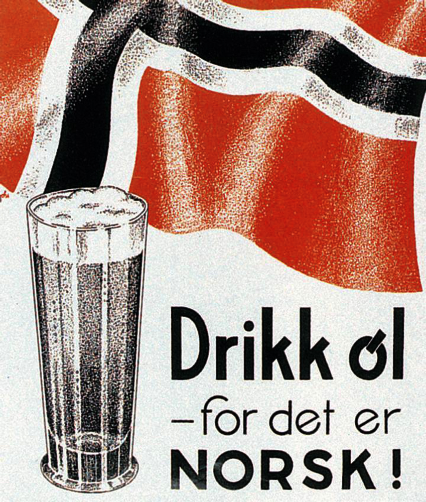 Plakat med et norsk flagg som bølger i vinden og et høyt glass med skummende øl ved siden av teksten "Drikk øl – for det er norsk!". Illustrasjon.