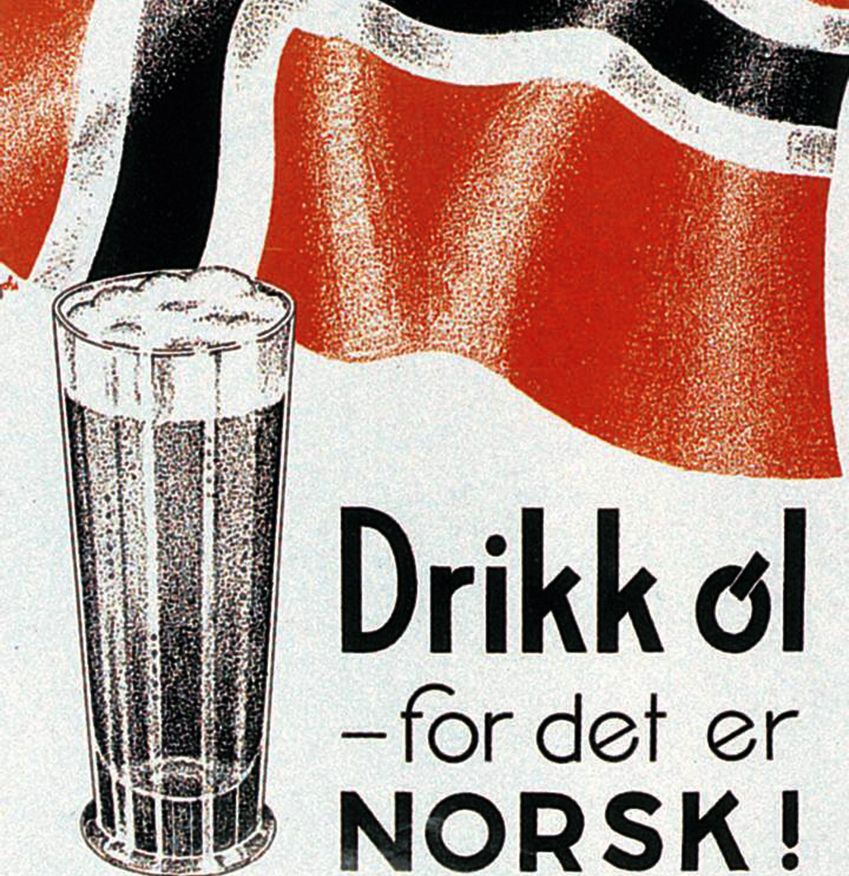 Plakat med eit norsk flagg som bølgar i vinden og eit høgt glas med skummande øl ved sida av teksten "Drikk øl – for det er norsk!". Illustrasjon.