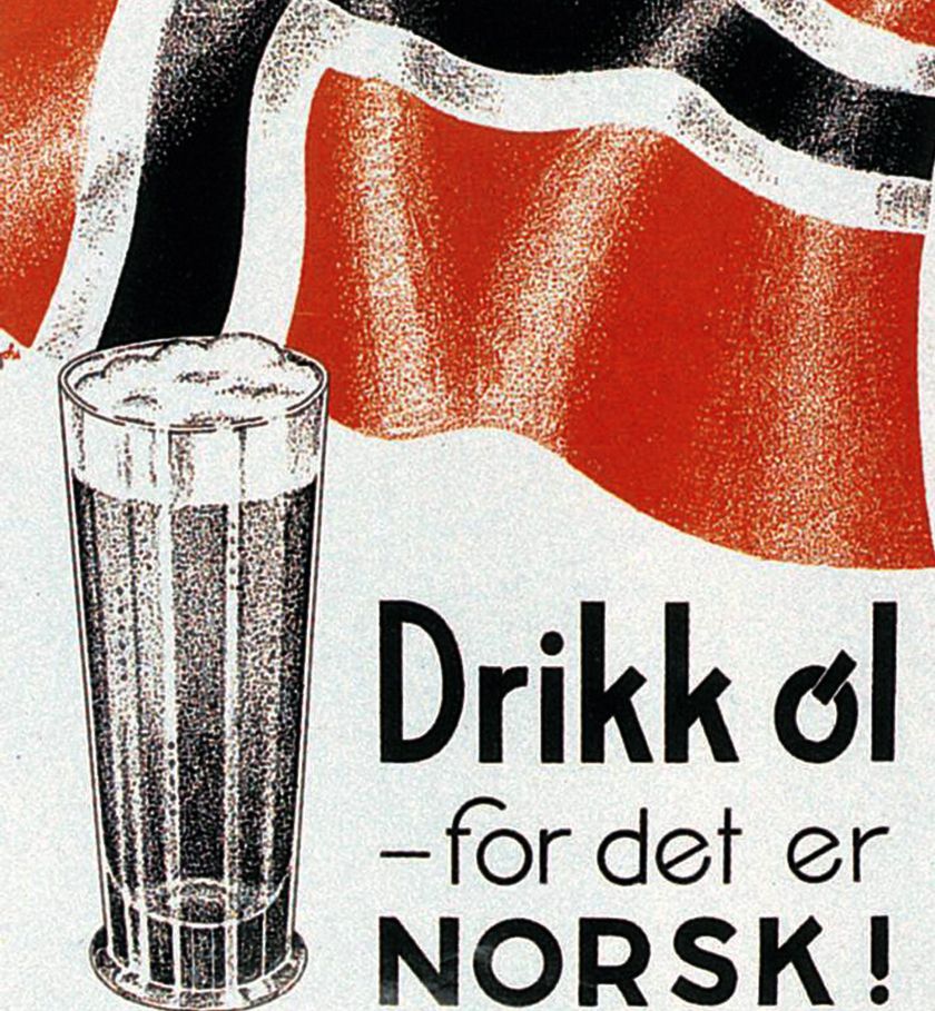 Plakat med et norsk flagg som bølger i vinden og et høyt glass med skummende øl ved siden av teksten "Drikk øl – for det er norsk!". Illustrasjon.