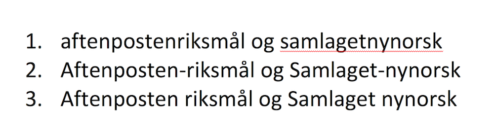 Eksempel på hvordan stavekontrollen i Word fungerer. Skjermutklipp.