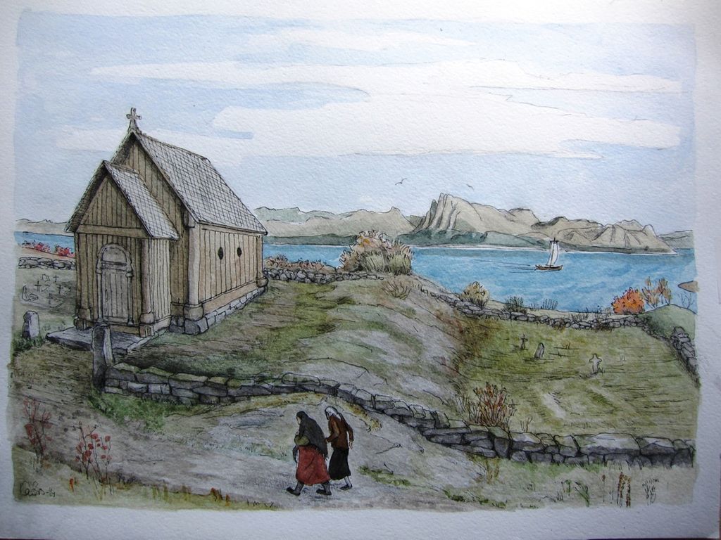 Stavkirka på Rødøya slik vi kan se for oss at kirken og omgivelsene så ut i middelalderen. Maleri.