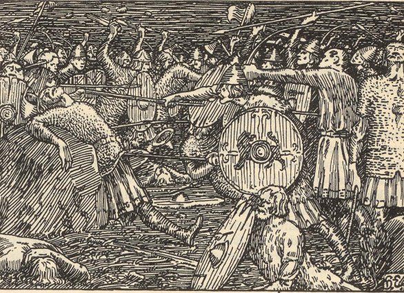 Illustrasjon som etterligner et middelaldersk trestikk av menn i strid med skjold og spyd. I forgrunnen er flere døde og skadde menn.
