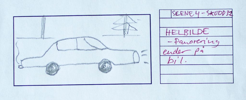 Rute i storyboard med ei teikning av ein køyrande bil. Til høgre for ruta står det følgande: "Scene 4, skudd 3,2. Helbilde. Panorering ender på bil." Foto.