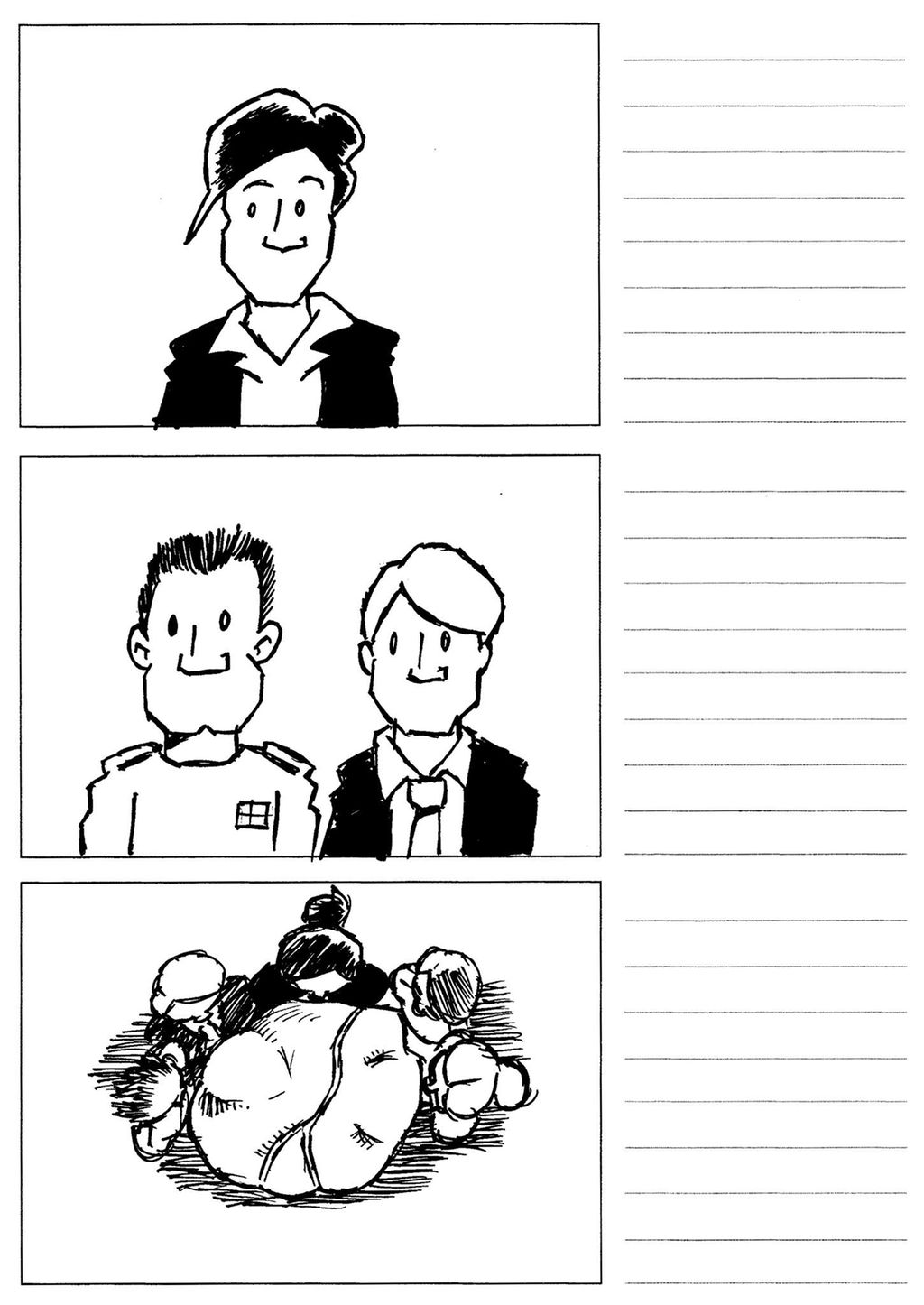 Tre ruter med teikningar. Den første ruta viser ein person. Den andre ruta viser to personar, og den tredje ruta viser fem personar i fugleperspektiv. Til høgre for kvar rute er det linjer til å skrive på. Illustrasjon.