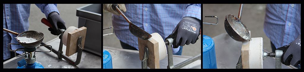 Tre bilder som viser støpeprosessen.