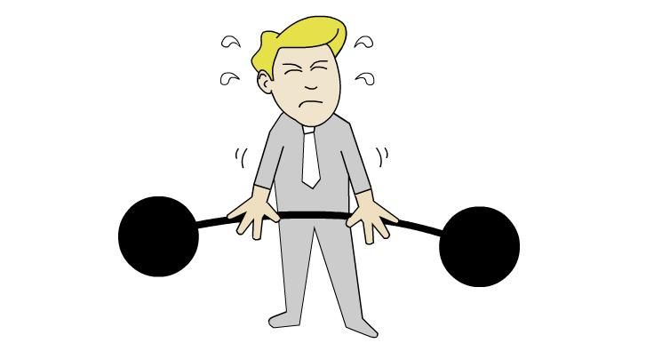 En mann prøver å løfte ei tung vektstang. Illustrasjon.