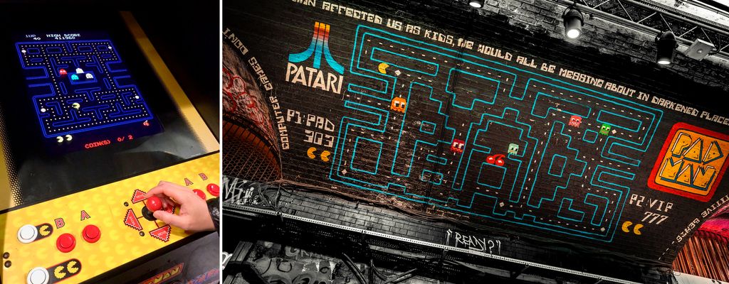 To bilder som viser gatekunstverk basert på dataspillet Pac-Man. Foto.