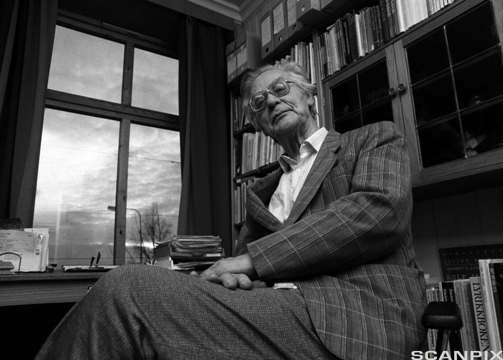 Rolf Jacobsen fotografert i froskeperspektiv. Han ser i kamera. Foto. 