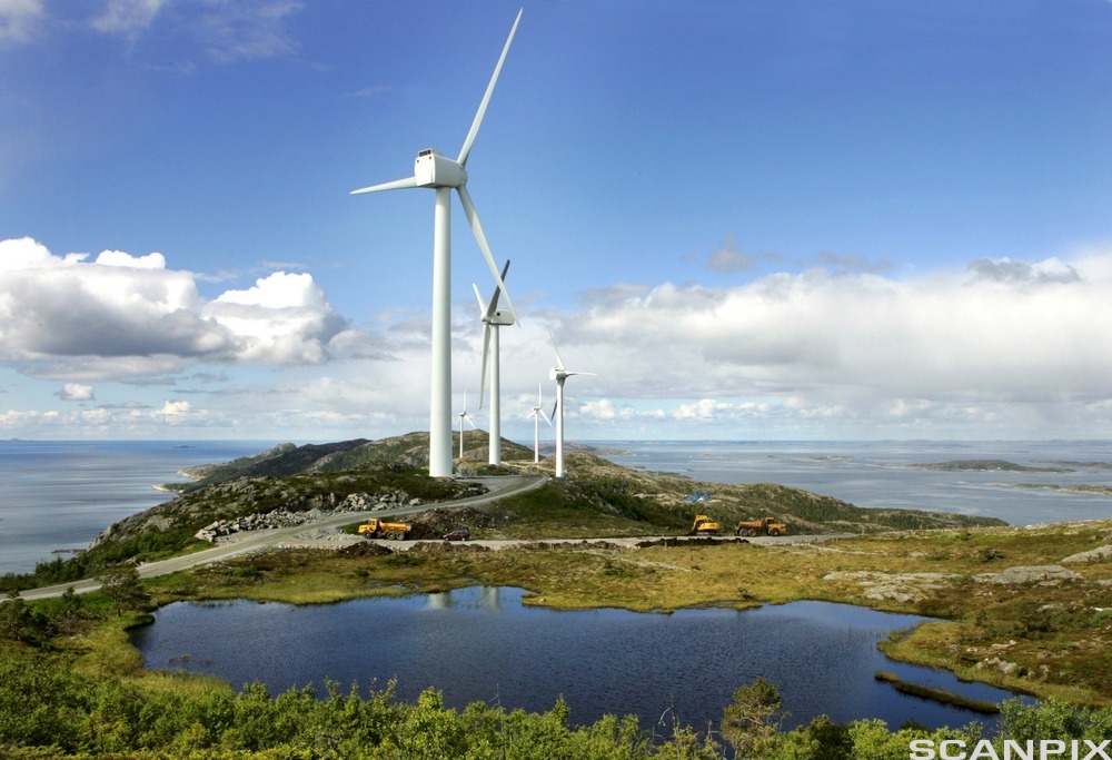 Fem vindmøller i kystlandskap. Foto.