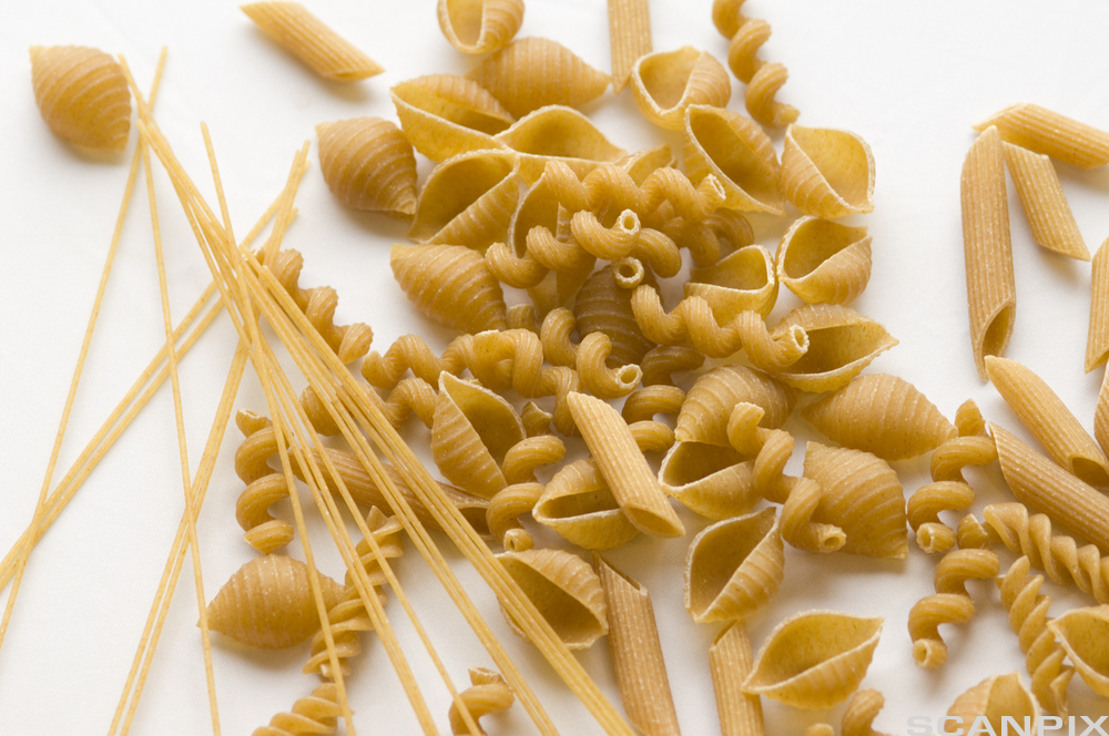 Ulike typer pasta på ei hvit flate. Foto.