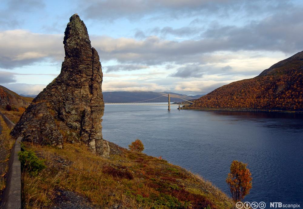 Stor stein som står på en åsside med utsikt over fjorden. Foto.