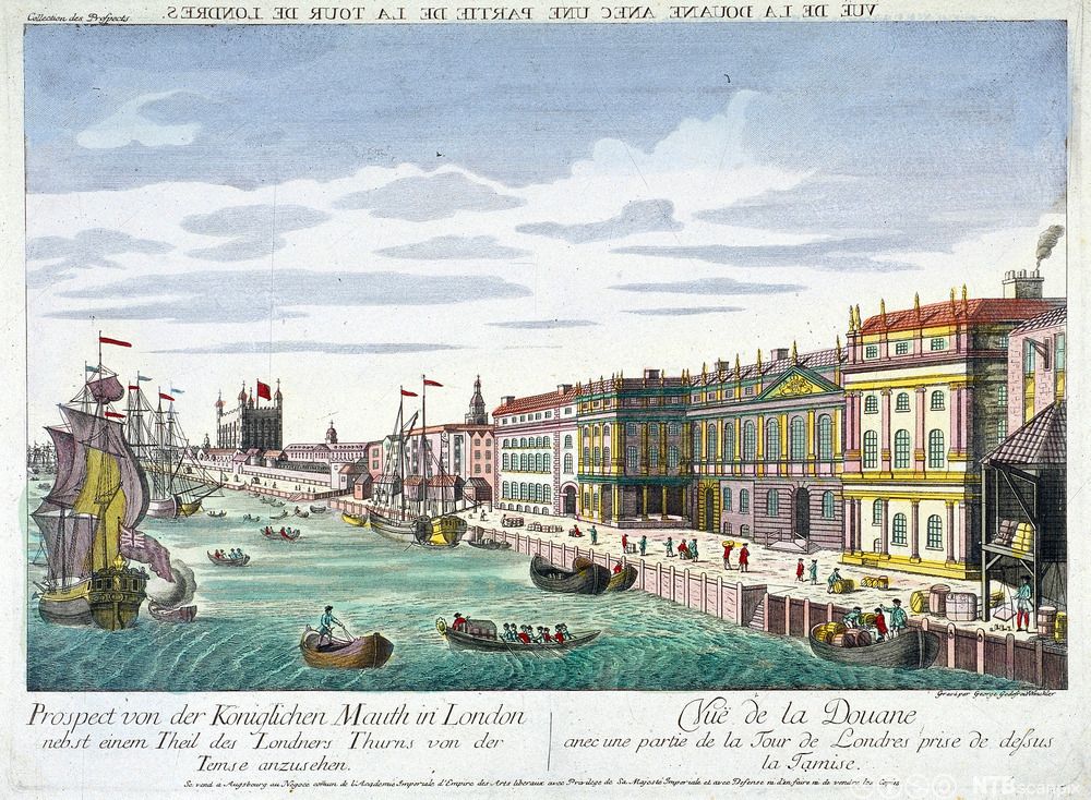 Tollbygningen ved Themsen i London og andre bygninger som parlamentet. Mennesker på kaia og ulike skip og båter langs elva. Stor aktivitet. Tegning.