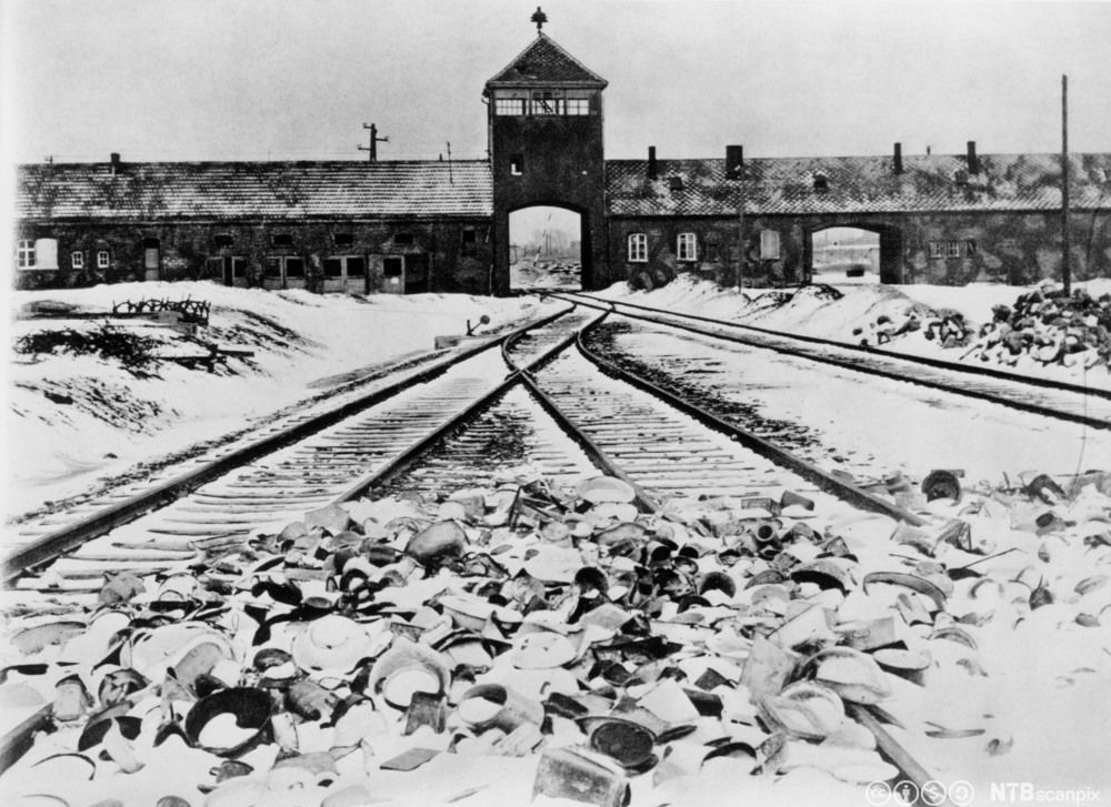 Jernbanespor inn til utryddelsesleiren Auschwitz-Birkenau. Svart-hvitt-foto fra 1945.