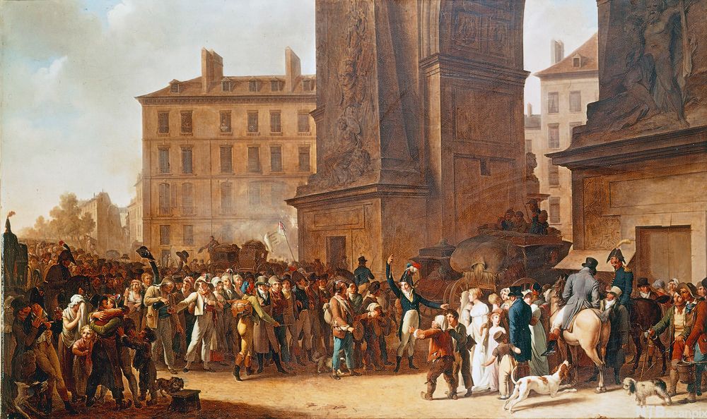 Folkemengde står foran en stor bue i Paris. Maleri fra 1807.