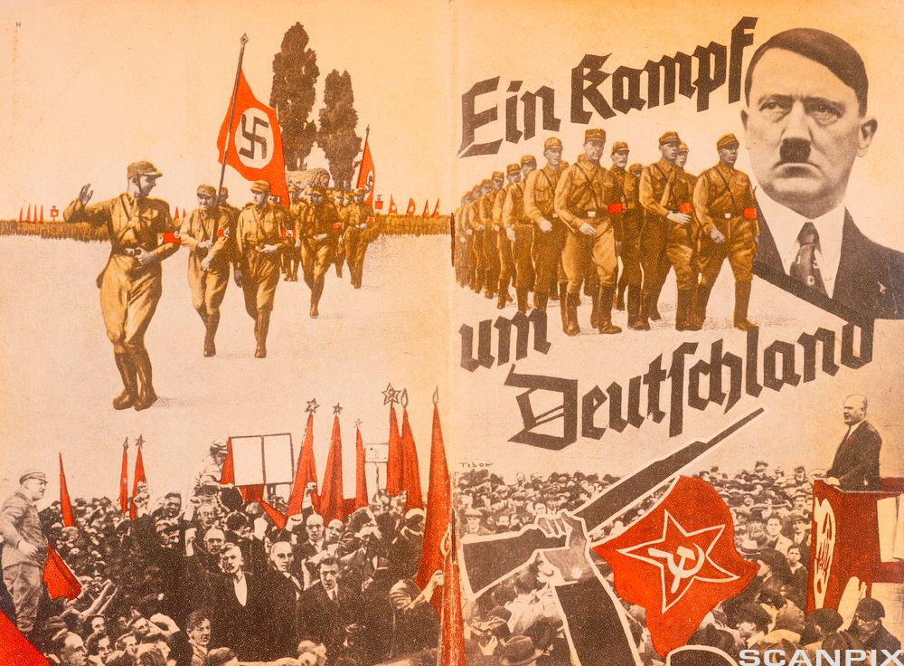 Plakater med bilde av marsjerende tyske soldater, en mann på talerstol foran en folkemengde og sovjetiske flagg, og et portrett av Adolf Hitler med teksten En kamp for Tyskland. Illustrasjon.