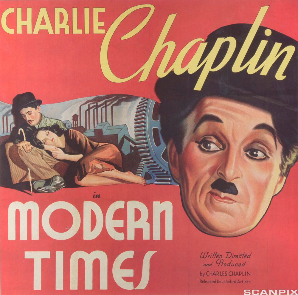 Plakat med bilde av et ungt par og Chaplins ansikt med hatt og mustasje. Illustrasjon.