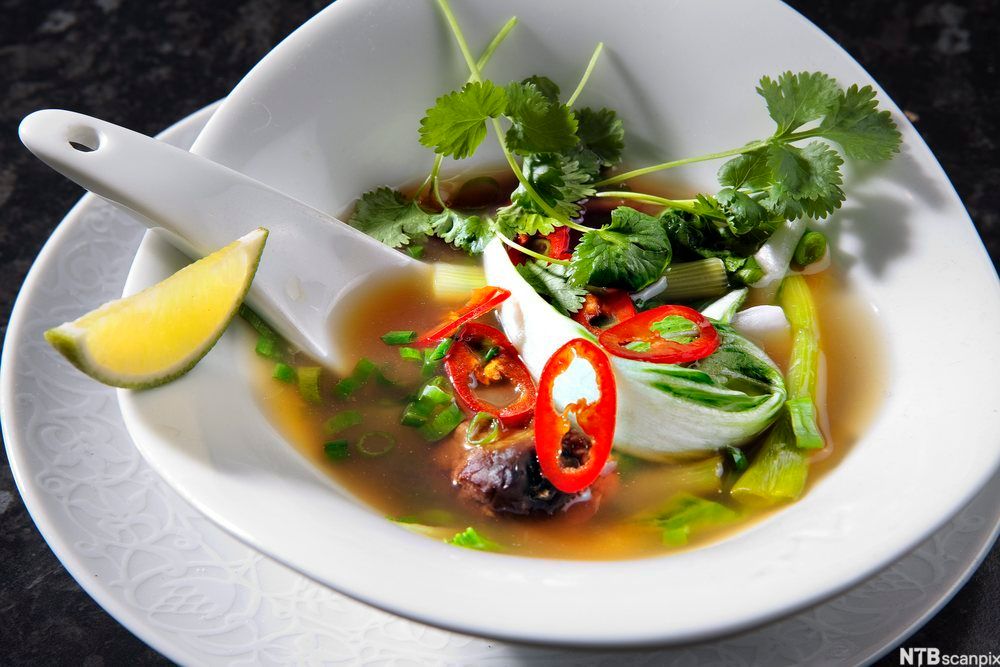 Brunaktig suppe med mange råvarer i friske farger. Servert i en hvit skål. Foto.