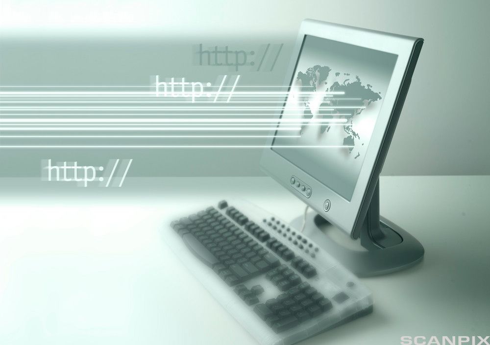 Nettadresser som strømmer ut fra et verdenskart på en dataskjerm. Manipulert foto.