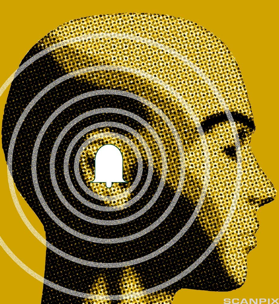 Ei ringeklokke med sirklar rundt plassert over eit øyre. Illustrasjon. 