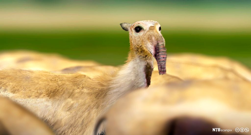 Manipulert foto av en flokk med hovdyr som gresser. Ett av dyrene står oppreist. Det har korte ører og en tapirliknende snabel. 