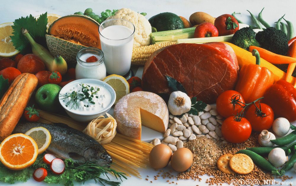 En mengde ulike råvarer av frukt, grønt, kjøtt, fisk, melk, egg og kornprodukter. Foto.