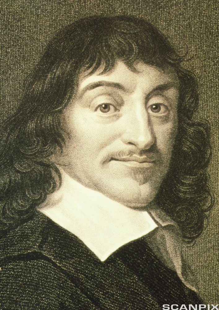 Portrett av René Descartes, med stor hvit snipp, lange mørke krøller, smal bart og et lite, smalt skjegg under leppa. Illustrasjon.