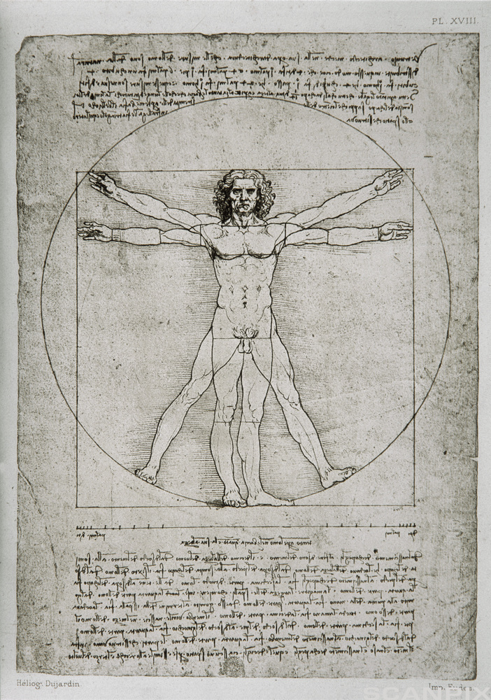 Pennetegning av naken mann. Med navlen som sentrum inntar figuren to posisjoner innenfor en sirkel og et kvadrat, én posisjon med ustrakte armer og bein, og én med samlede bein og hevede armer. Illustrasjon.