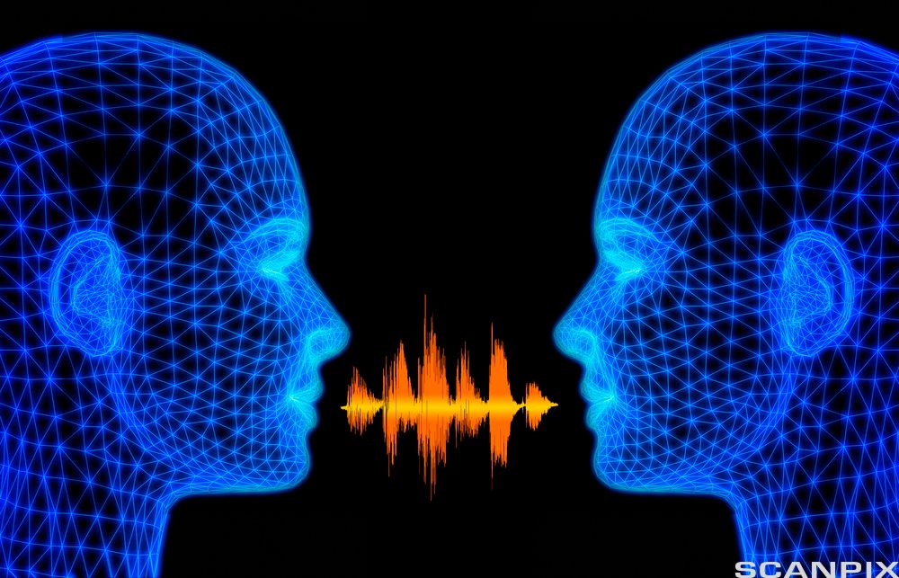 To tegnede hoder er vendt mot hverandre, mellom munnene går det lydbølger. Illustrasjon.