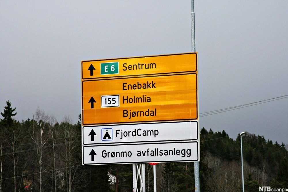 Skilt til E6 sentrum og steder like utenfor Oslo sentrum. Det er ei gruppe på fire skilt. Foto.