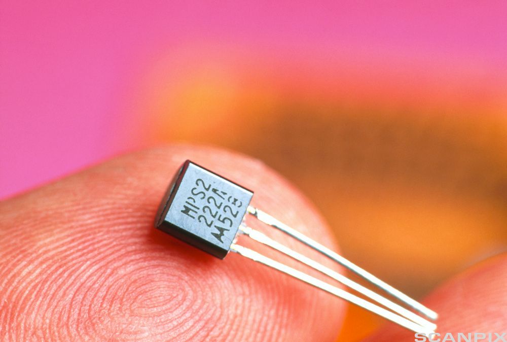 Transistor med tre bein frå 1990-talet ligg på ein fingertupp. Den flate sida, kor det står tal og bokstavar, vender opp. Foto.