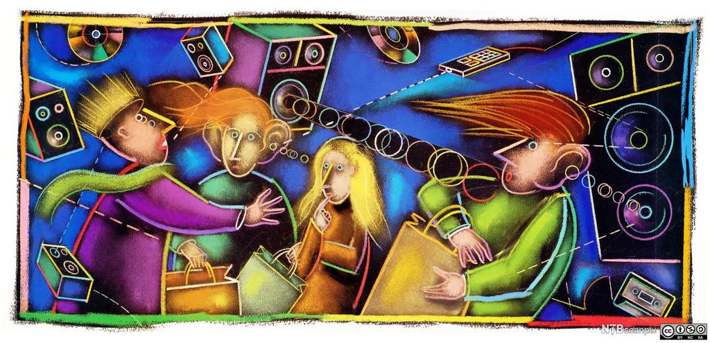 Fargerikt bilde av mennesker, høytalere og lyd i kaos. Illustrasjon.