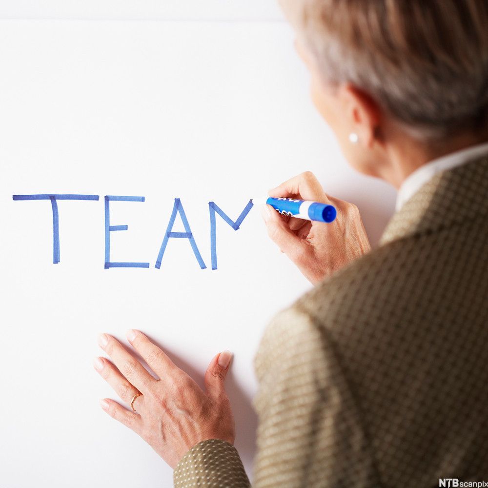 Bilde av en mann med ryggen til som skriver TEAM på en tavle.