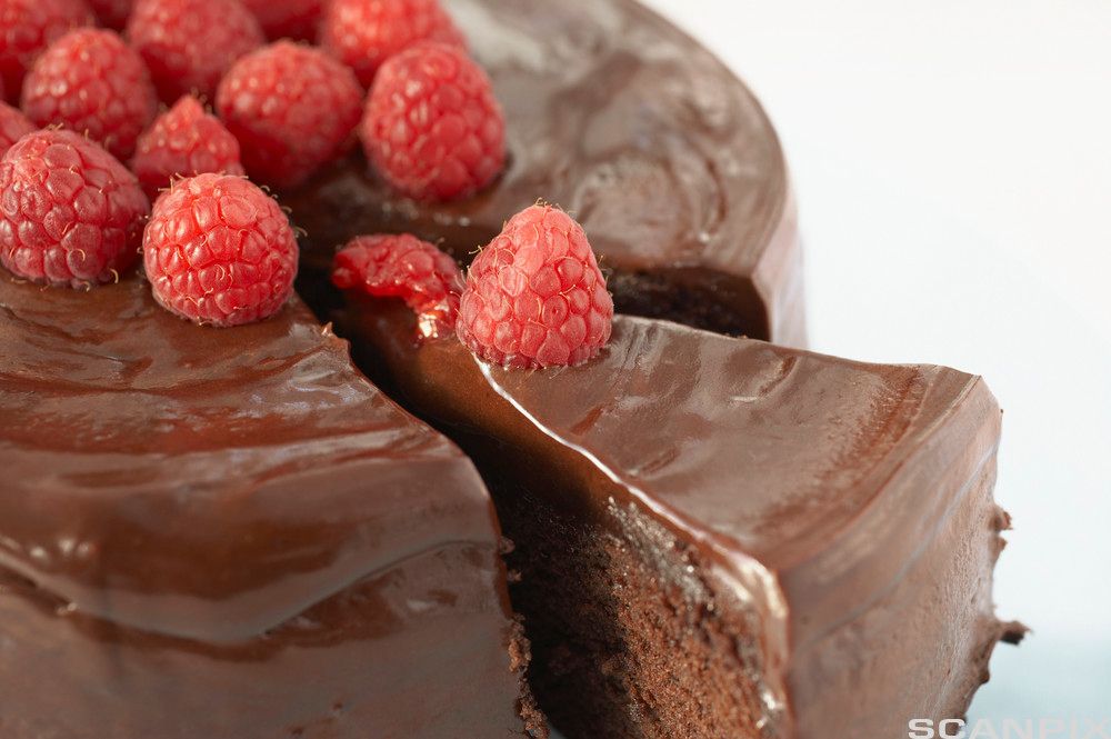 Sjokoladekake med bringebær. Foto.