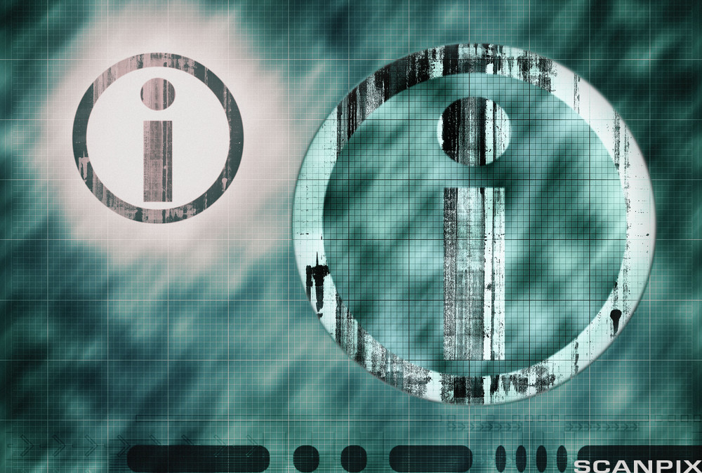 Informasjonsikon. Ein sølvfarga "i" er illustrert inne i ein sølvfarga ring. Eit identisk ikon er illustrert i ein mindre storleik i bakgrunnen. Illustrasjon.