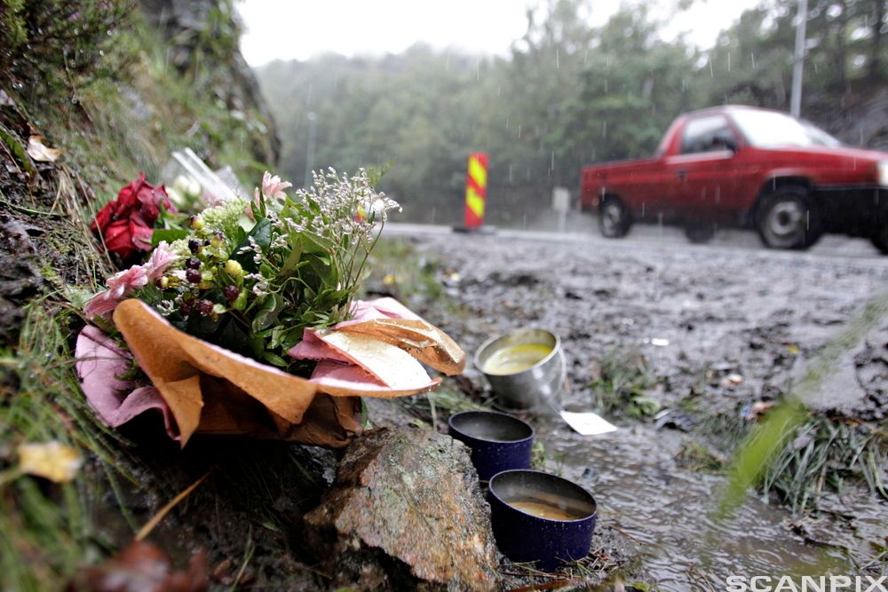 Blomster i minne om en bilulykke. Foto.