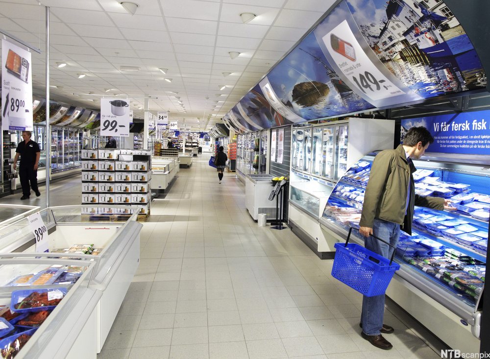 En kunde holder en handlekurv i en av Rema 1000 sine butikk-lokaler. Foto.