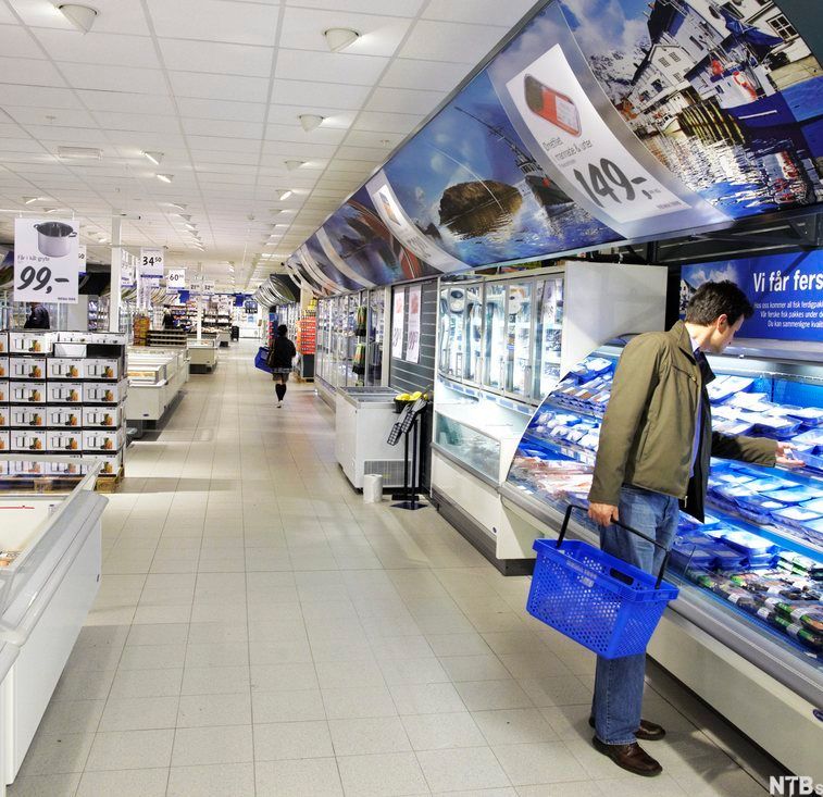 Ein kunde held ei handlekorg i ein av Rema 1000 sine butikklokale. Foto.