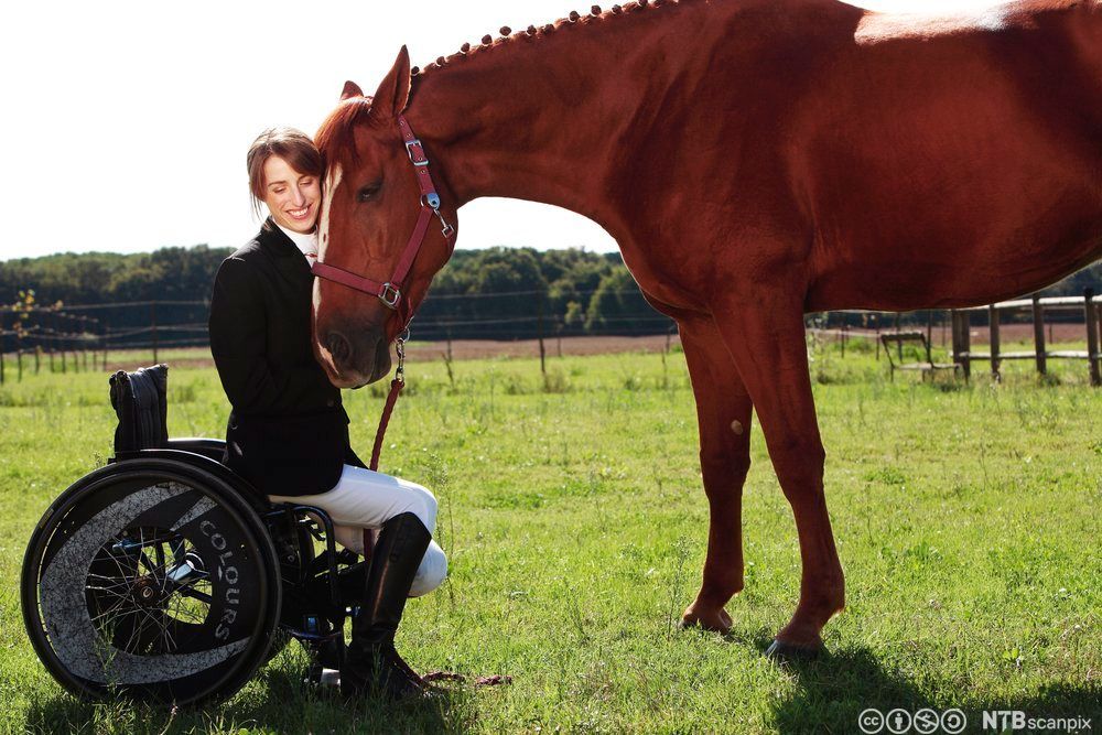 Kvinne med rideklede sit i ein rullestol mens ho omfamnar hovudet til ein hest. Foto.