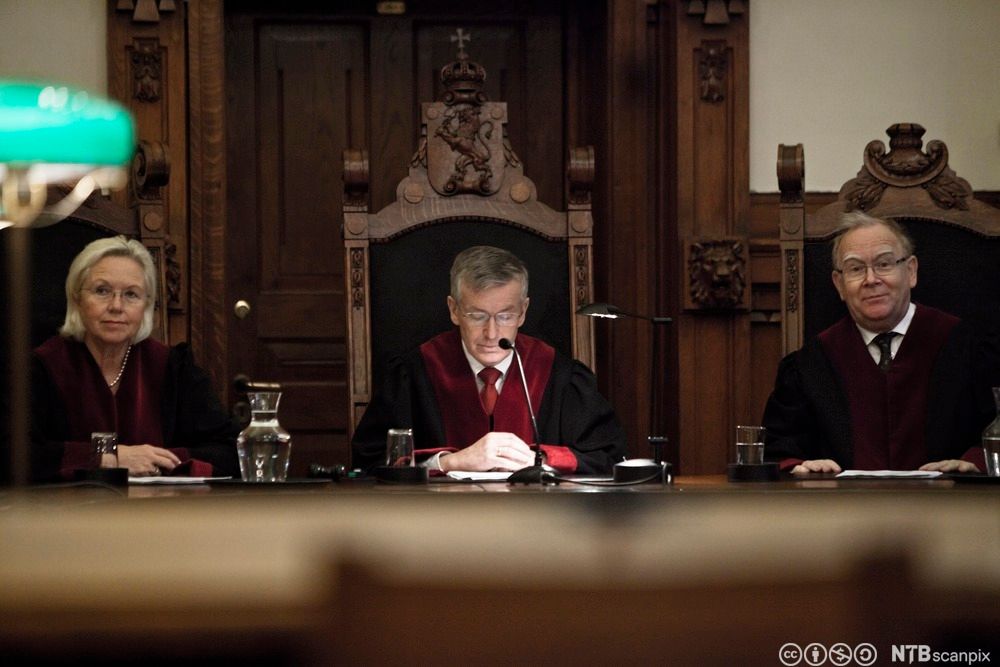 Dommer Liv Gjølstad, høyesterettsjustitiarius Tore Schei og dommer Steinar Tjomsland. Foto.