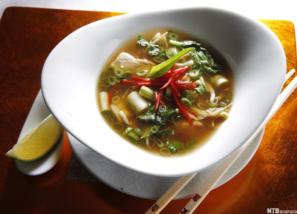 Skål med kyllingbuljong og grønnsaker. Foto.