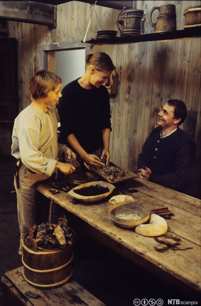 Baking av barkebrød på 1800- tallet. Foto.