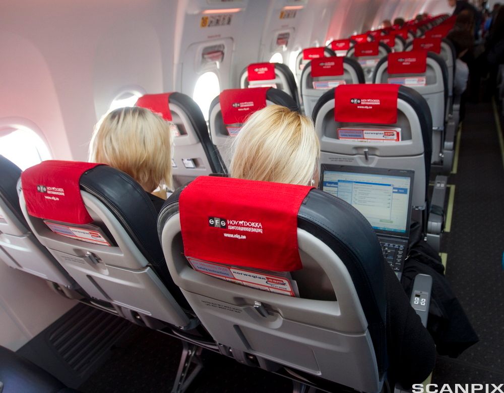 Passasjerer om bord i et Norwegian-fly. Bildet er tatt bakfra, og en av passasjerene har en pc på fanget foran seg. Foto.