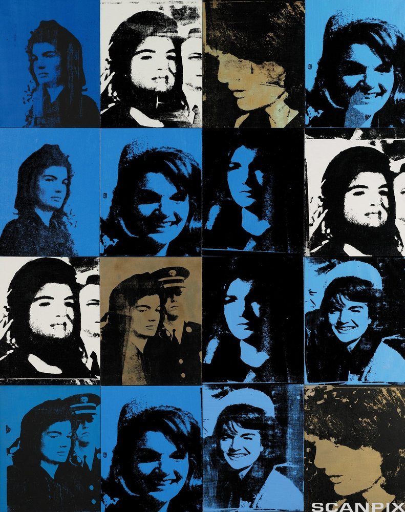 Bildet Sixteen Jackies av Warhol er satt sammen av seksten bilder av en kvinne. Grafikk.